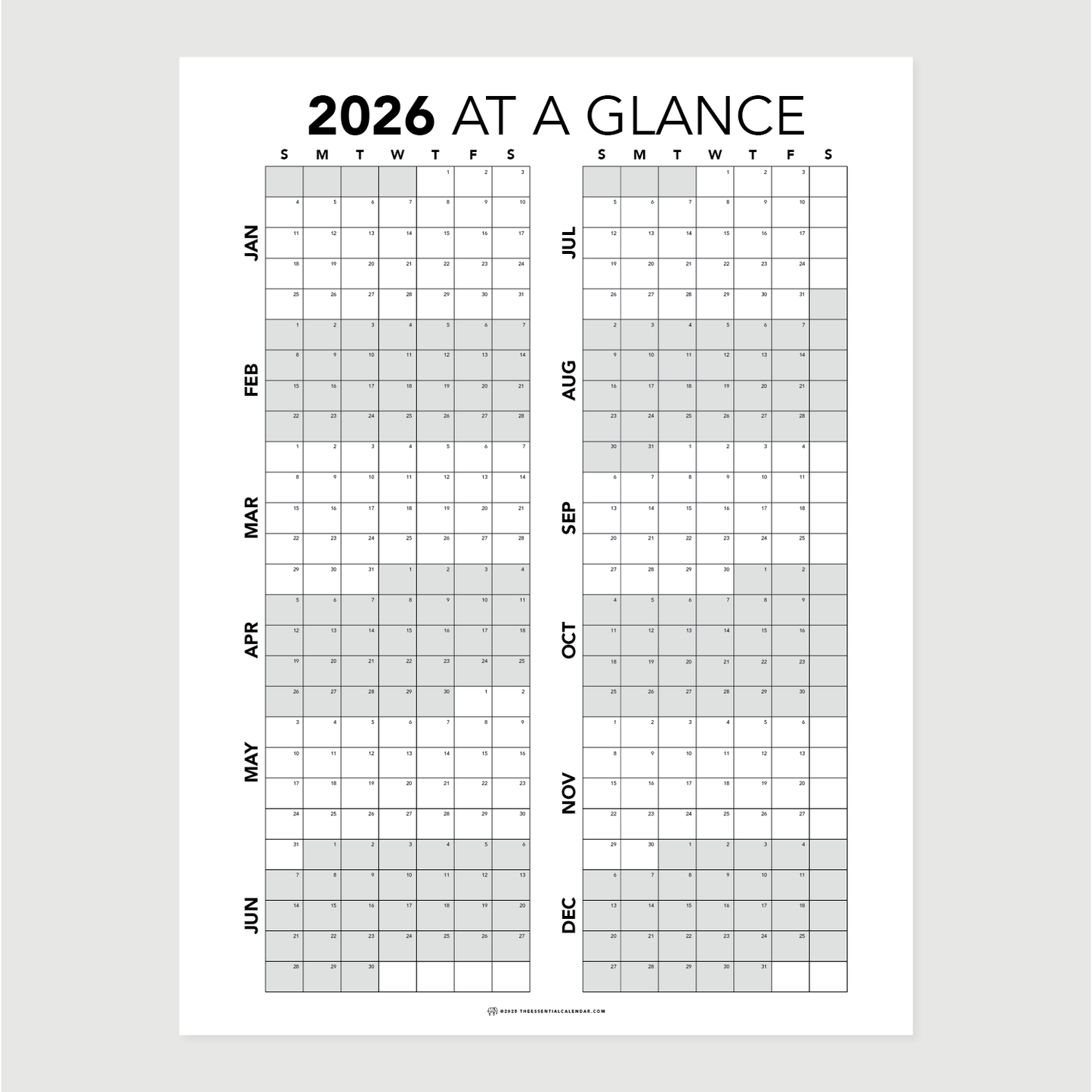 2026 Sunday-start At a Glance
