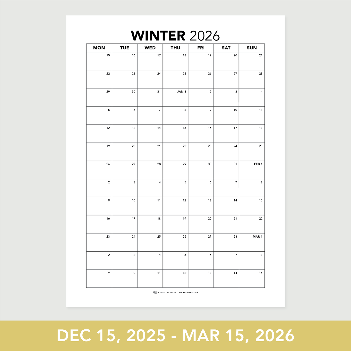 2026 Monday-start Seasonal Calendar