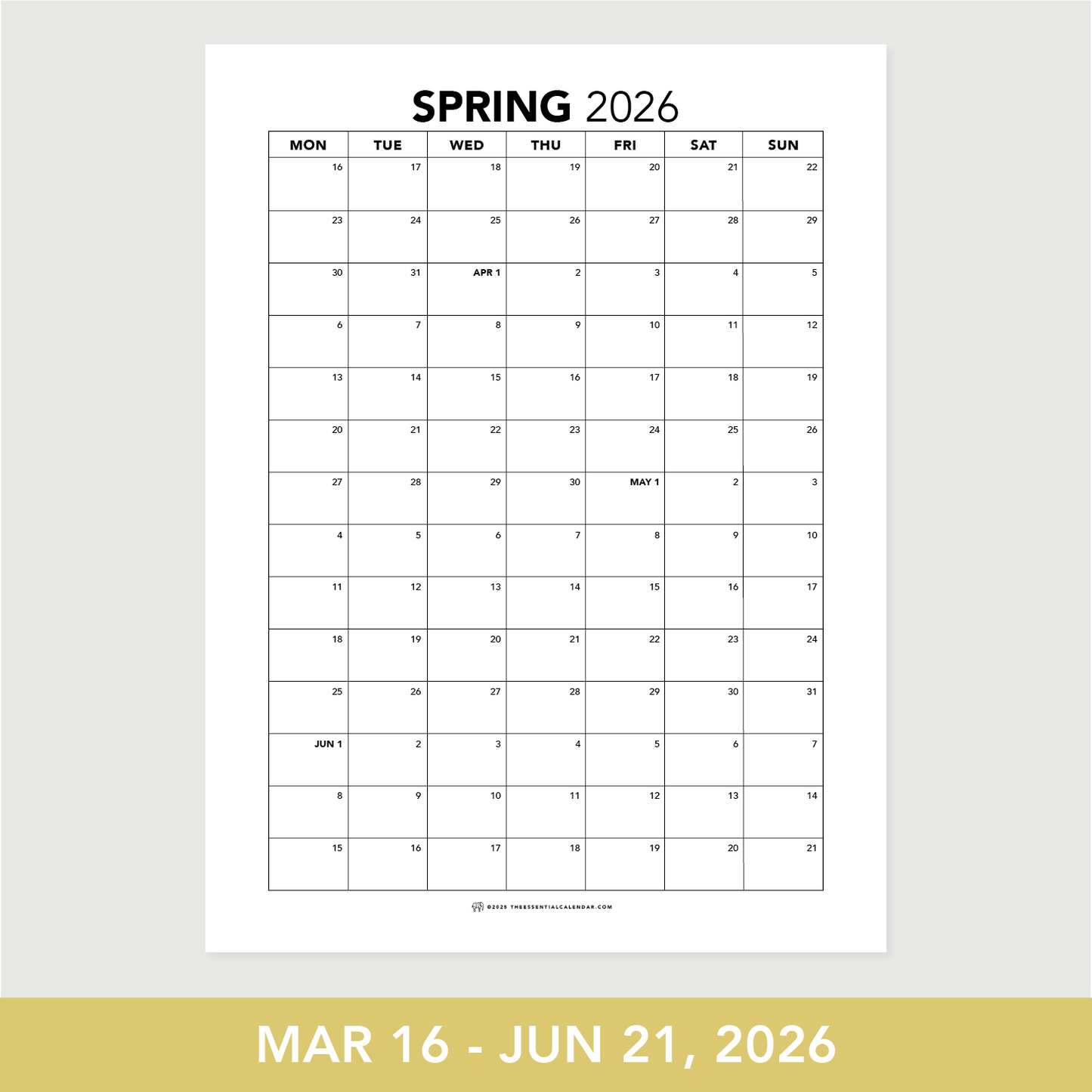 2026 Monday-start Seasonal Calendar