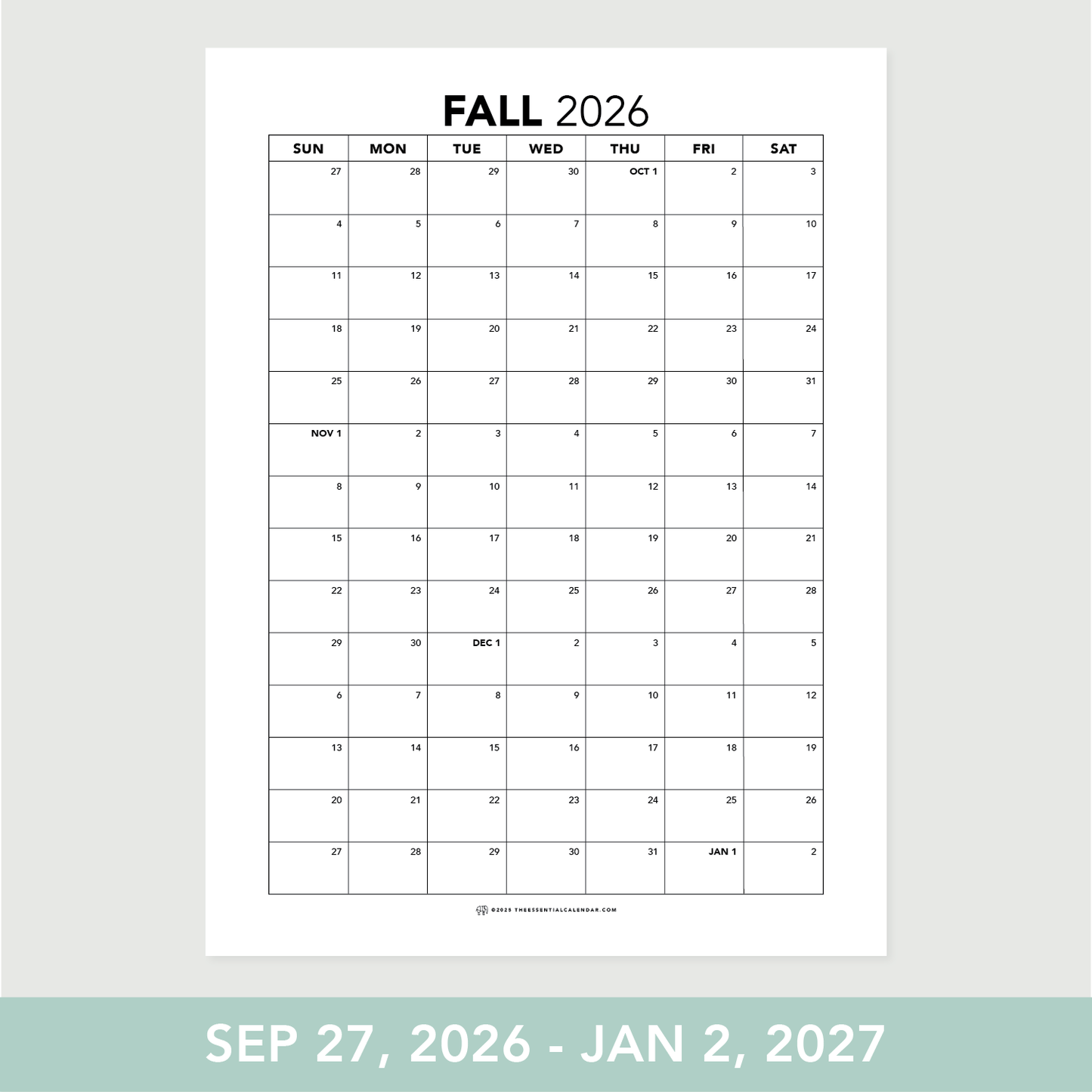2026 Sunday-start Seasonal Calendar