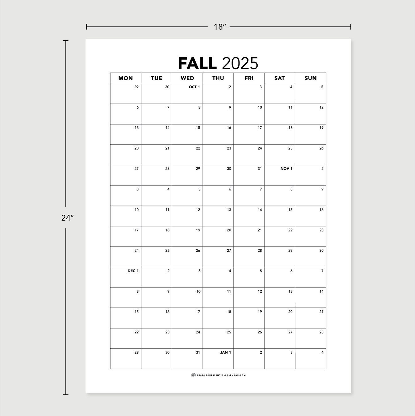 2025 Monday-start Annual Calendar