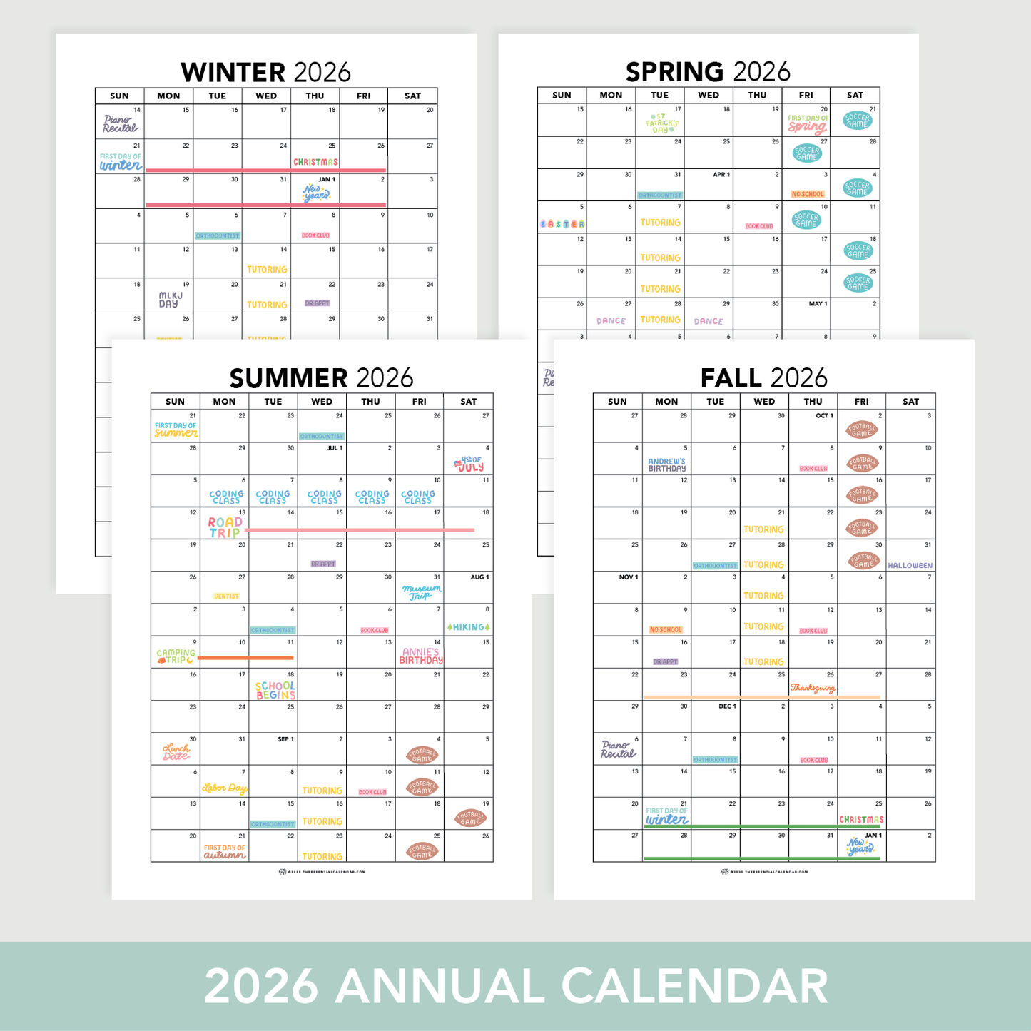 2026 Sunday-start Seasonal Calendar