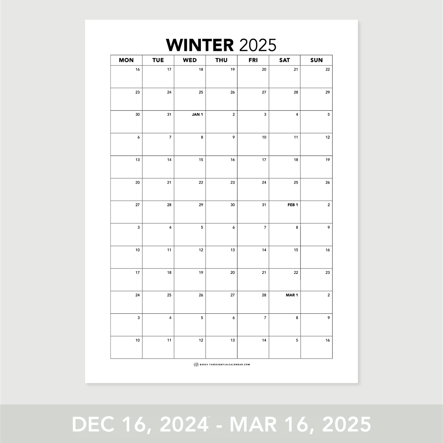 2025 Monday-start Annual Calendar