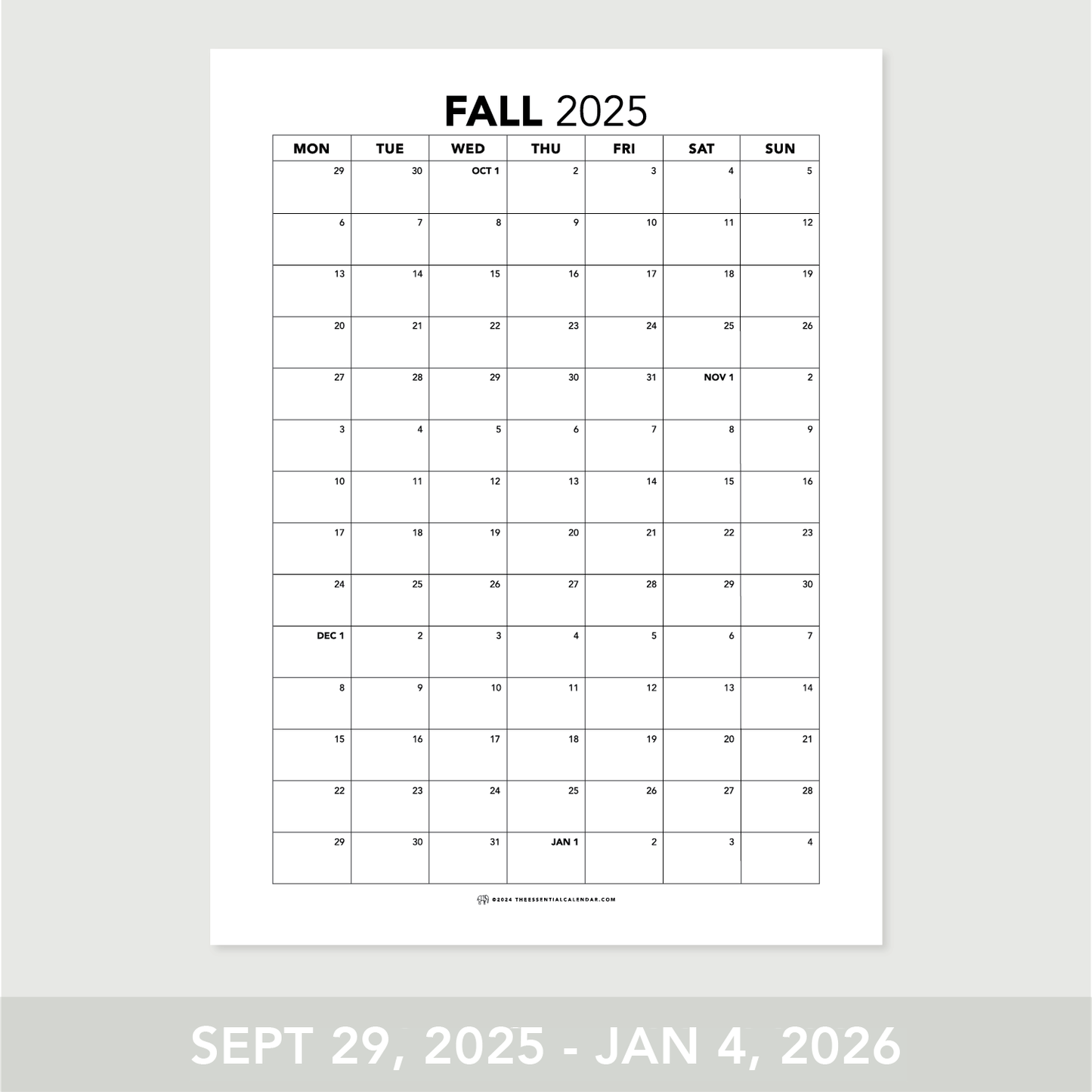 2025 Monday-start Annual Calendar