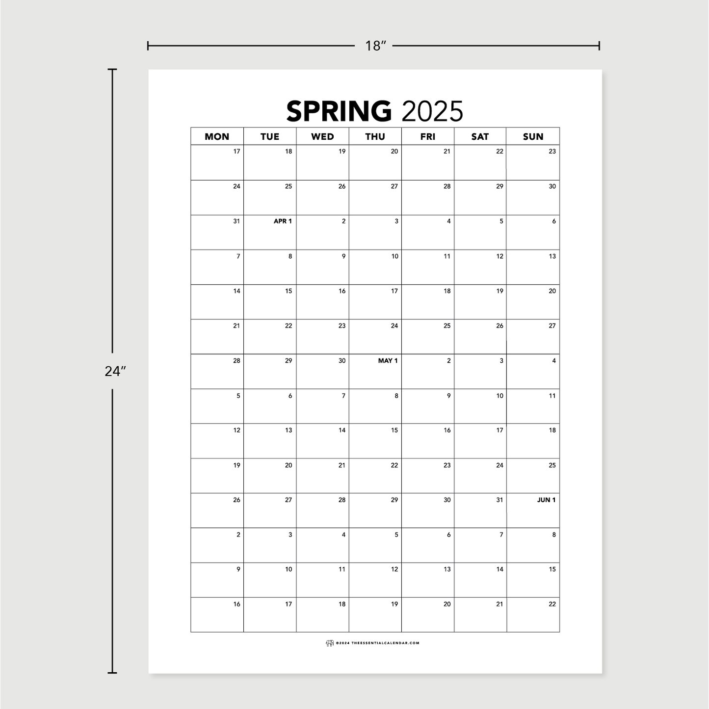2025 Monday-start Spring Calendar