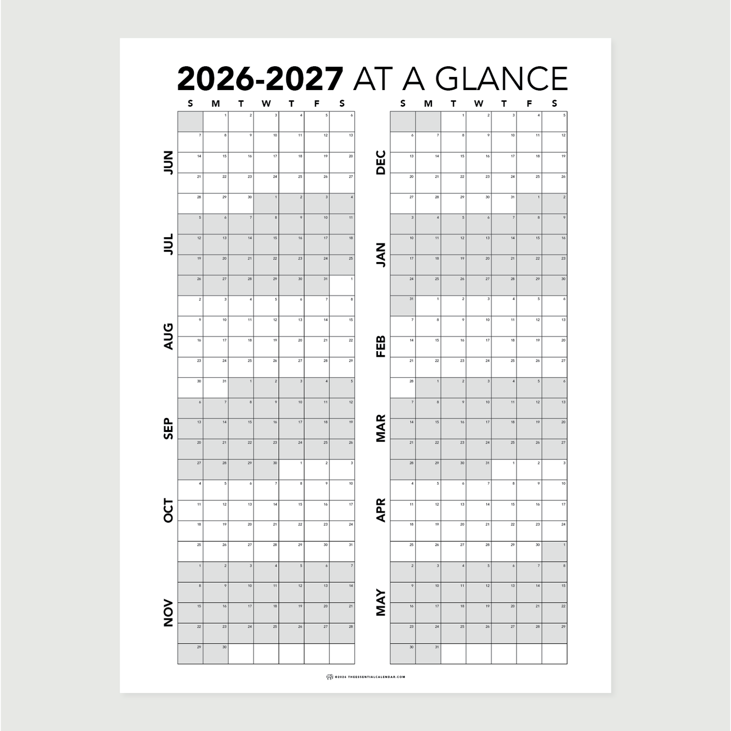 June 2026-May 2027 Sunday-start At a Glance Calendar