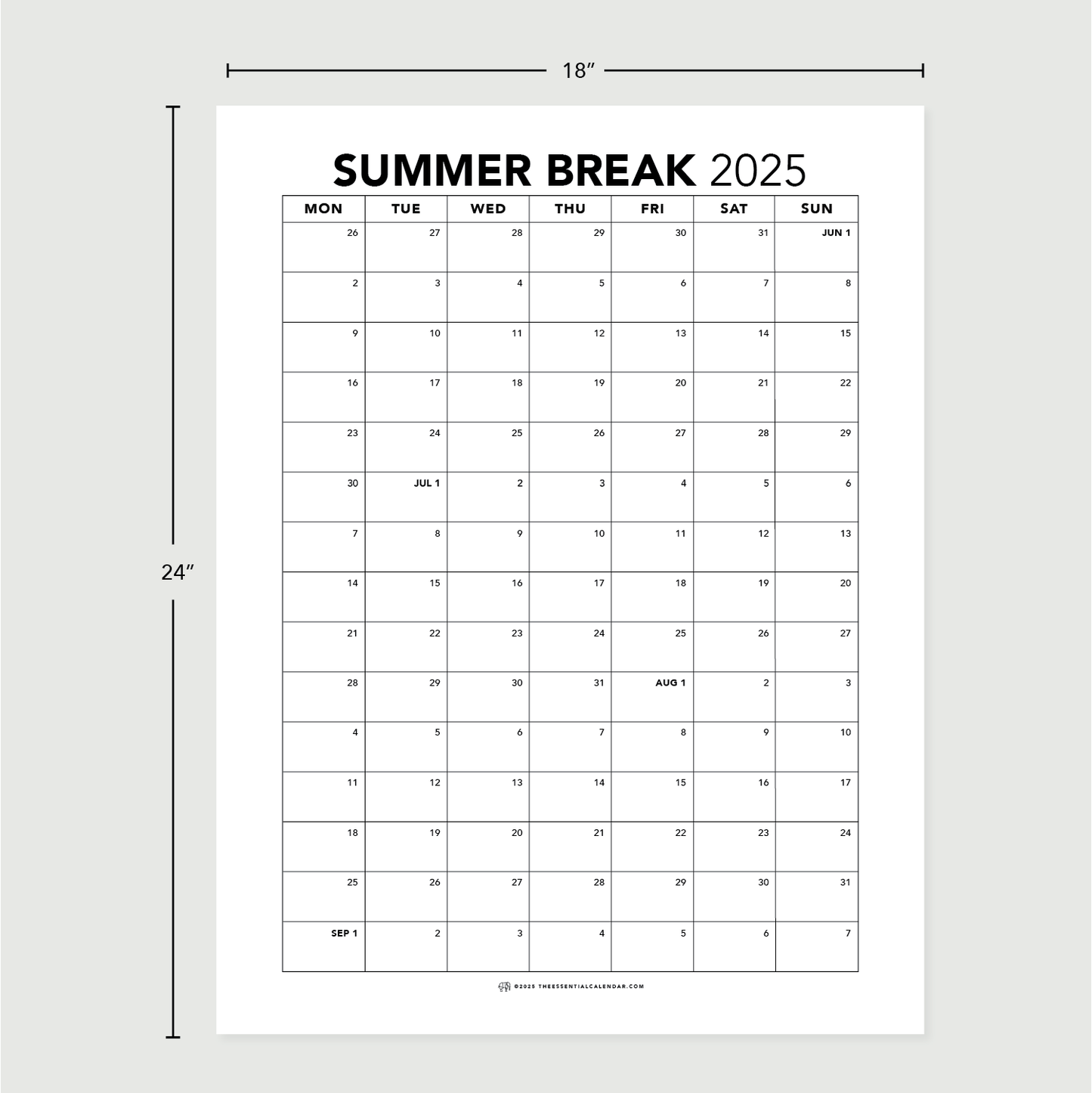 The Essential Family Calendar: Summer Break (Monday-start)