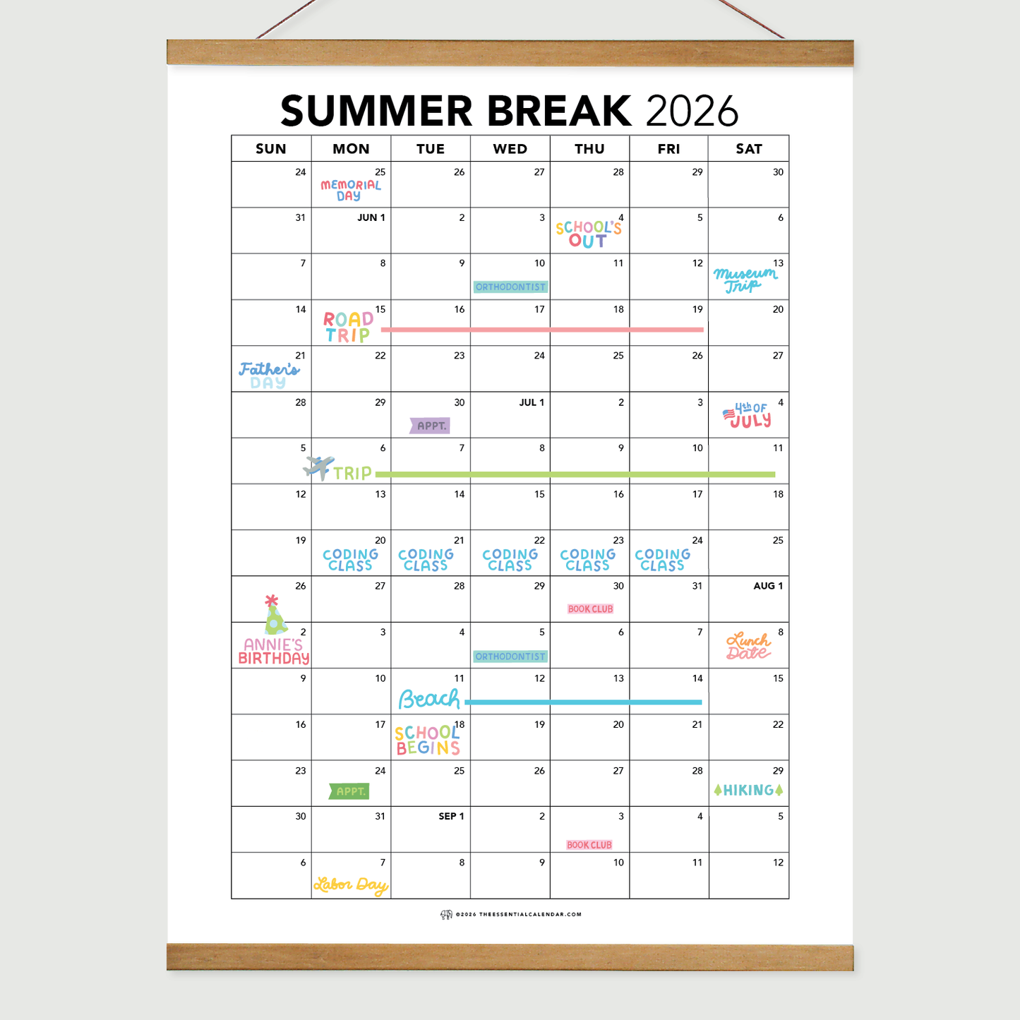 Summer Break Wall Calendar — Memorial Day to Labor Day 2026