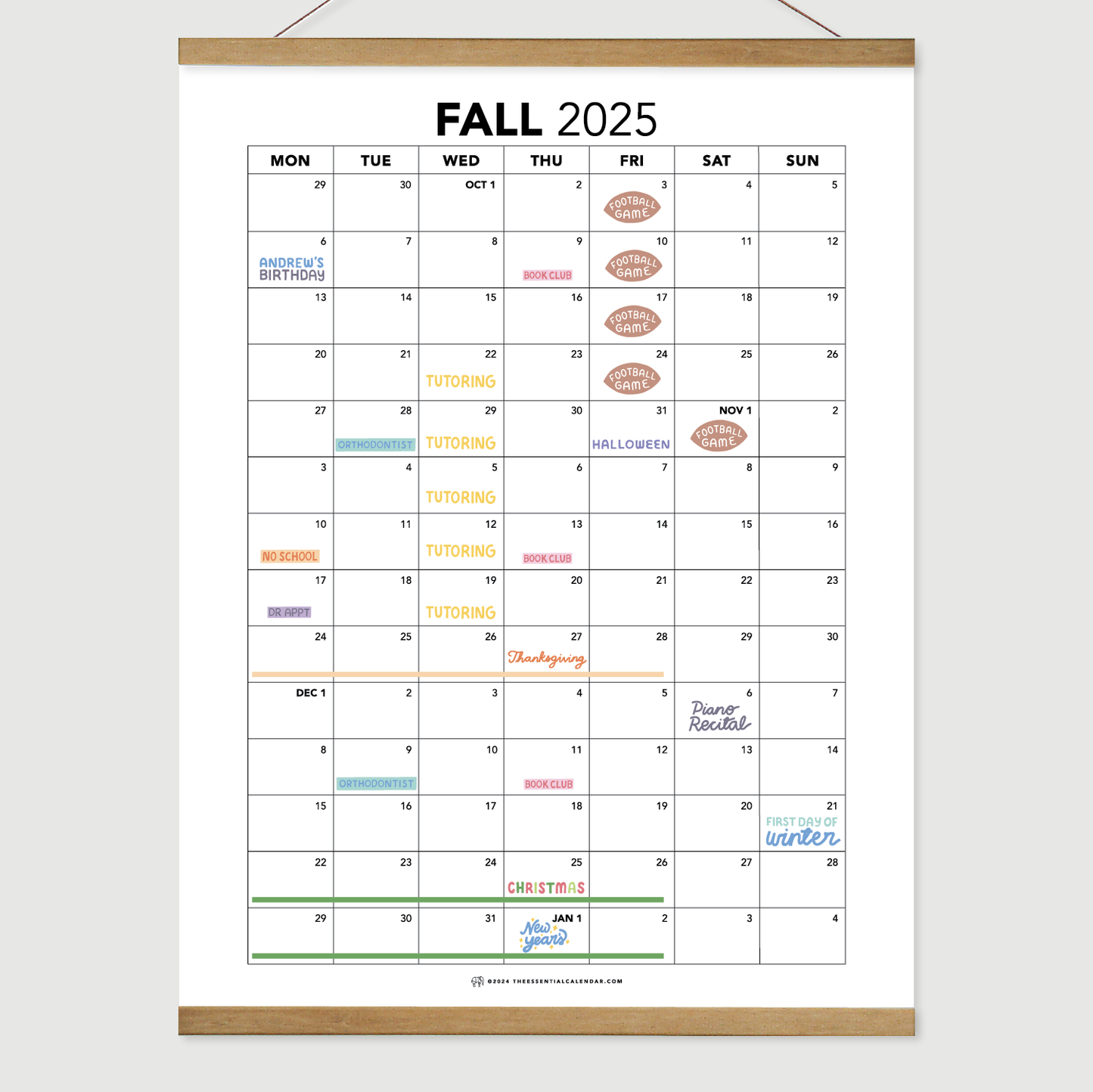 2025 Monday-start Fall Calendar