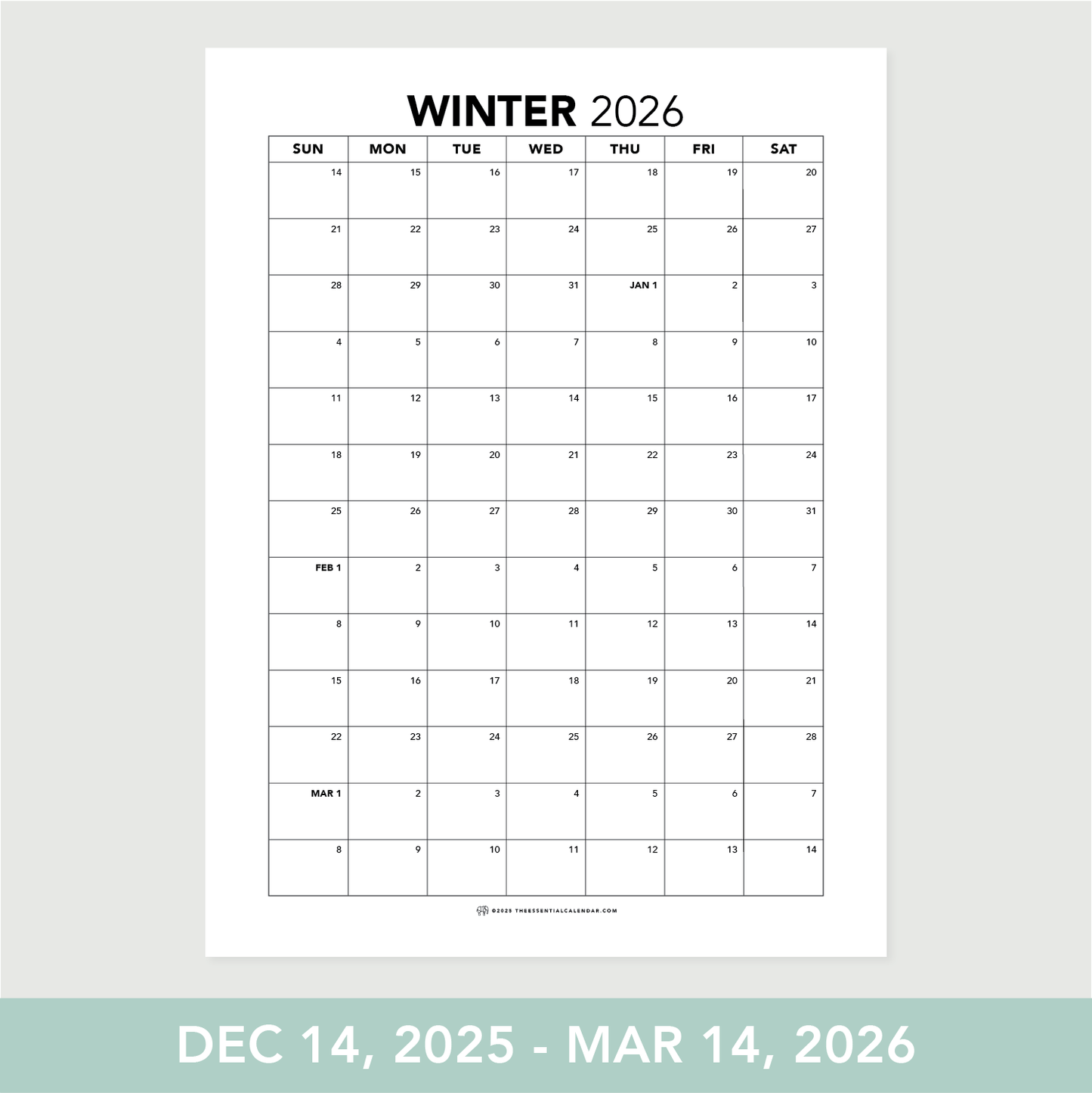 2026 Sunday-start Seasonal Calendar