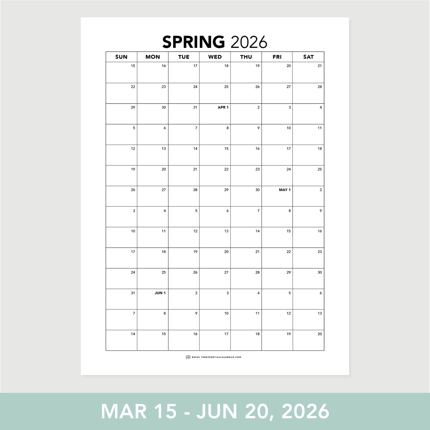 2026 Sunday-start Seasonal Calendar