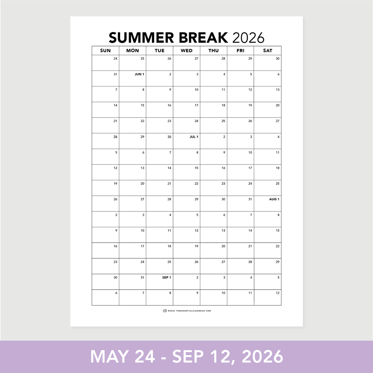Summer Break Wall Calendar — Memorial Day to Labor Day 2026