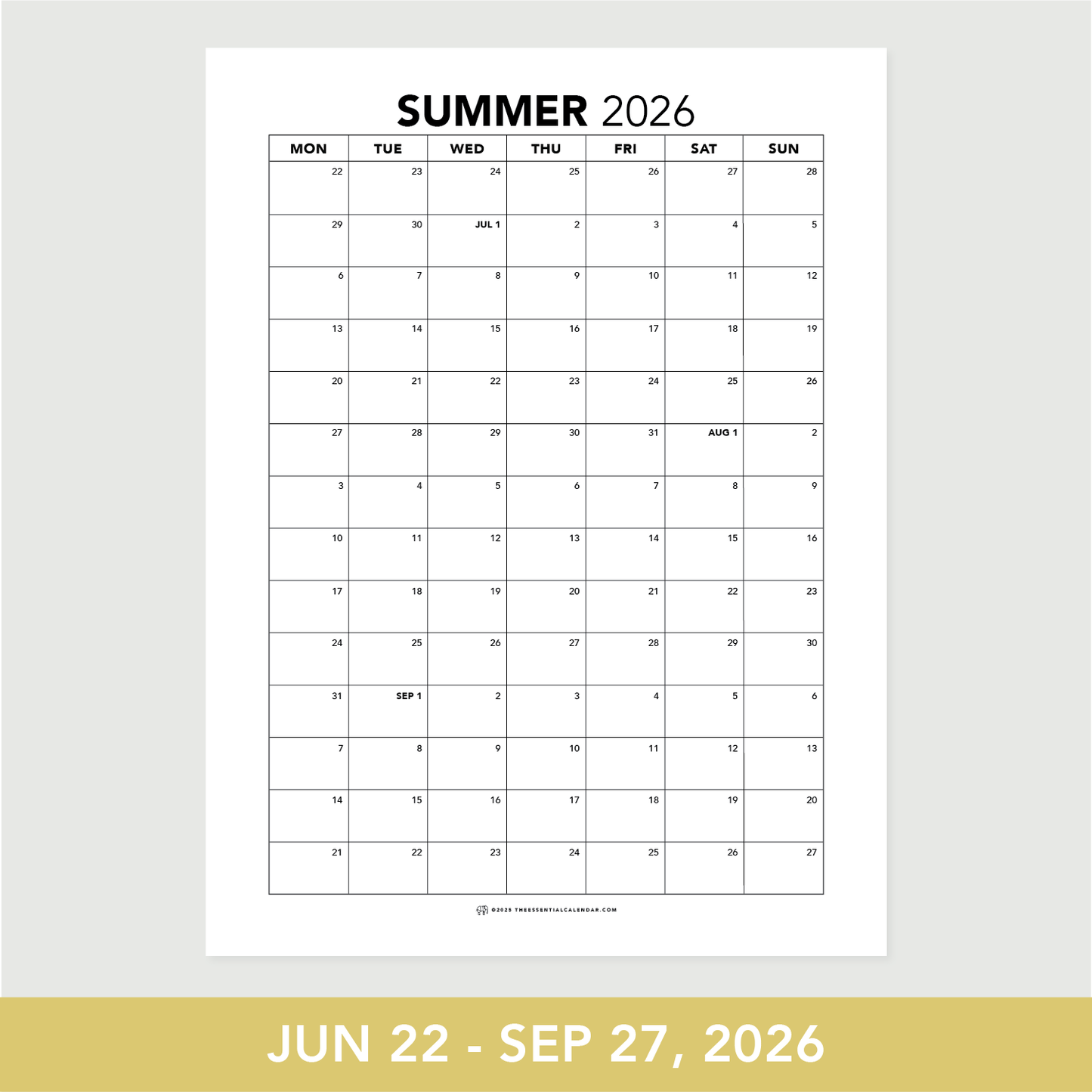 2026 Monday-start Seasonal Calendar