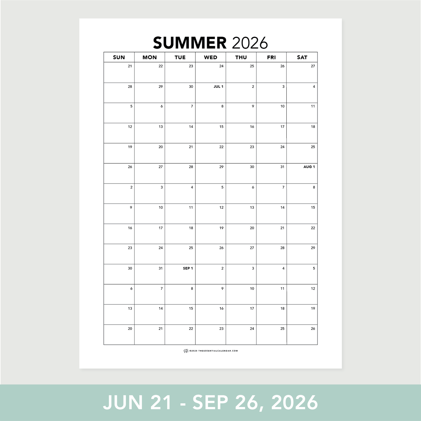 2026 Sunday-start Seasonal Calendar
