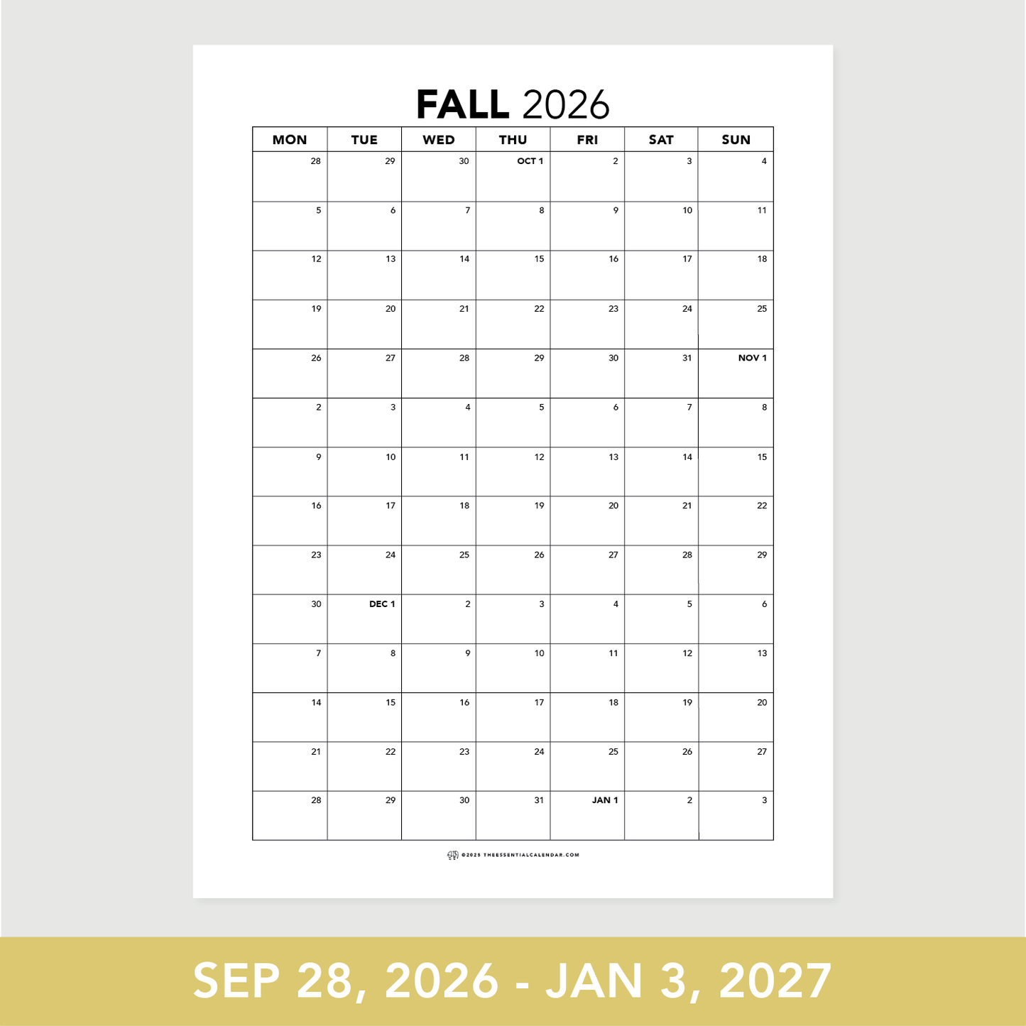 2026 Monday-start Seasonal Calendar