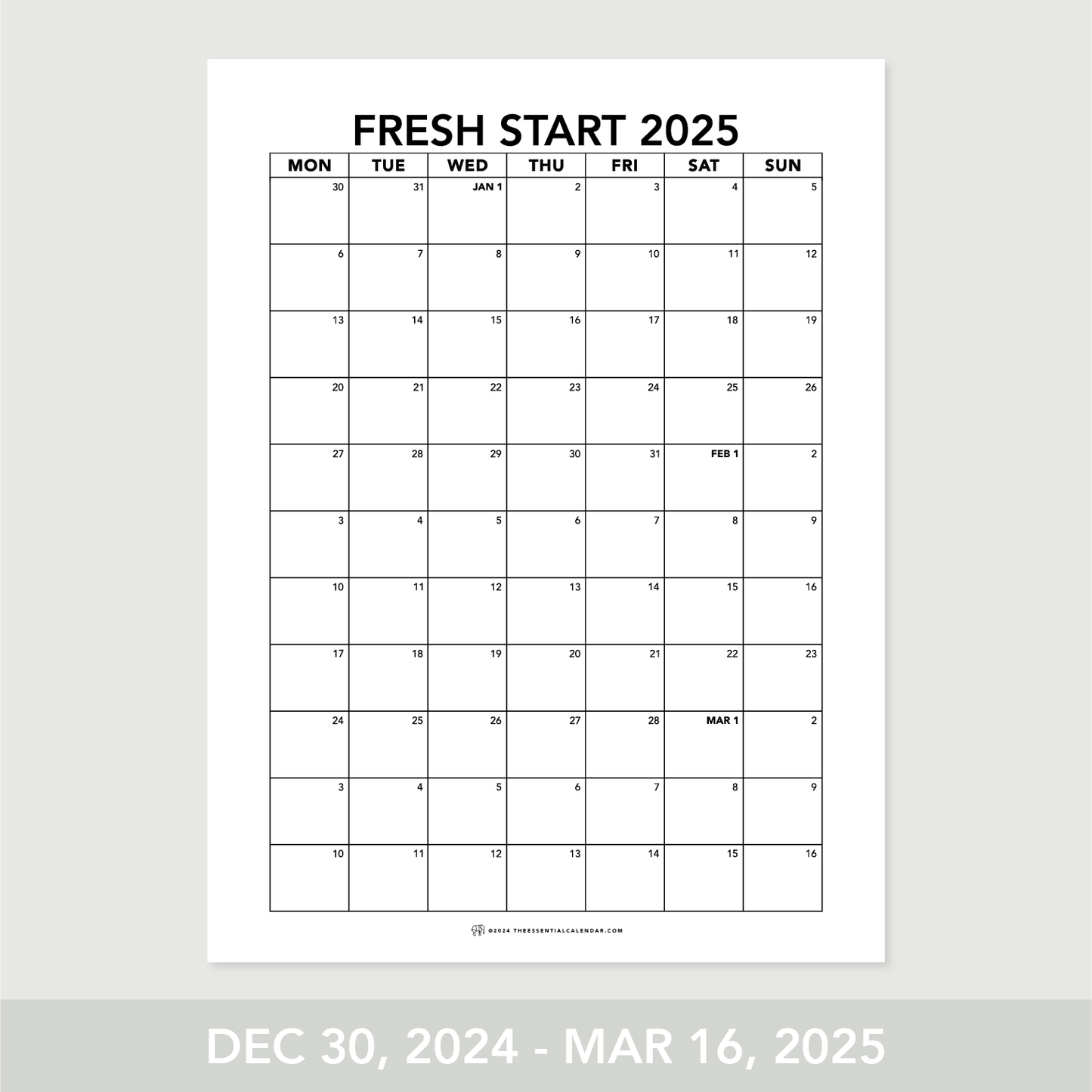 Quarterly Calendar Club: Monday-Start
