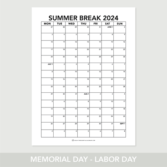 2024 Summer Break Calendar: Monday-start