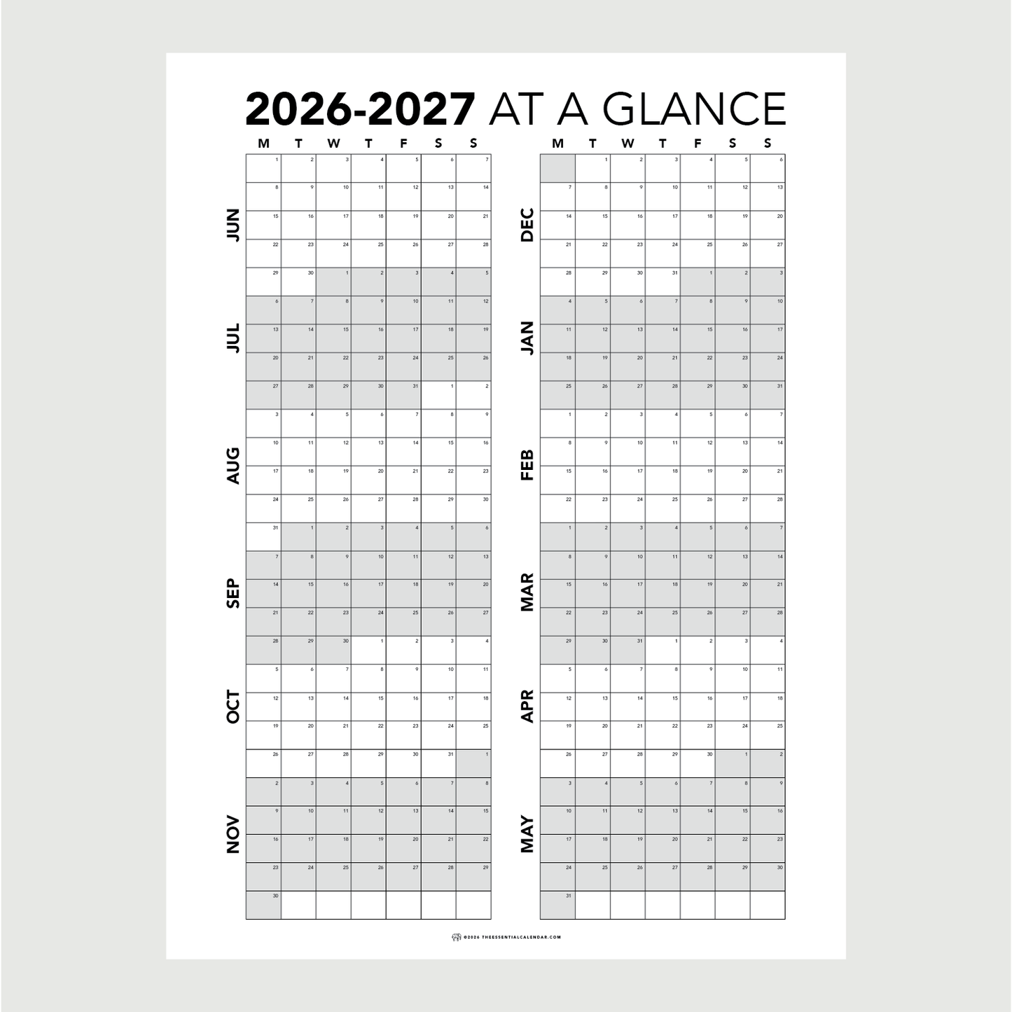June 2026-May 2027 Monday-start At a Glance Calendar