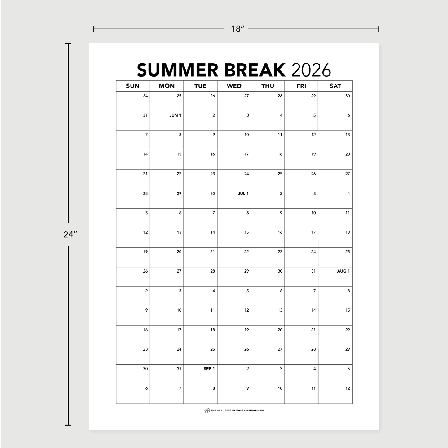 Summer Break Wall Calendar — Memorial Day to Labor Day 2026