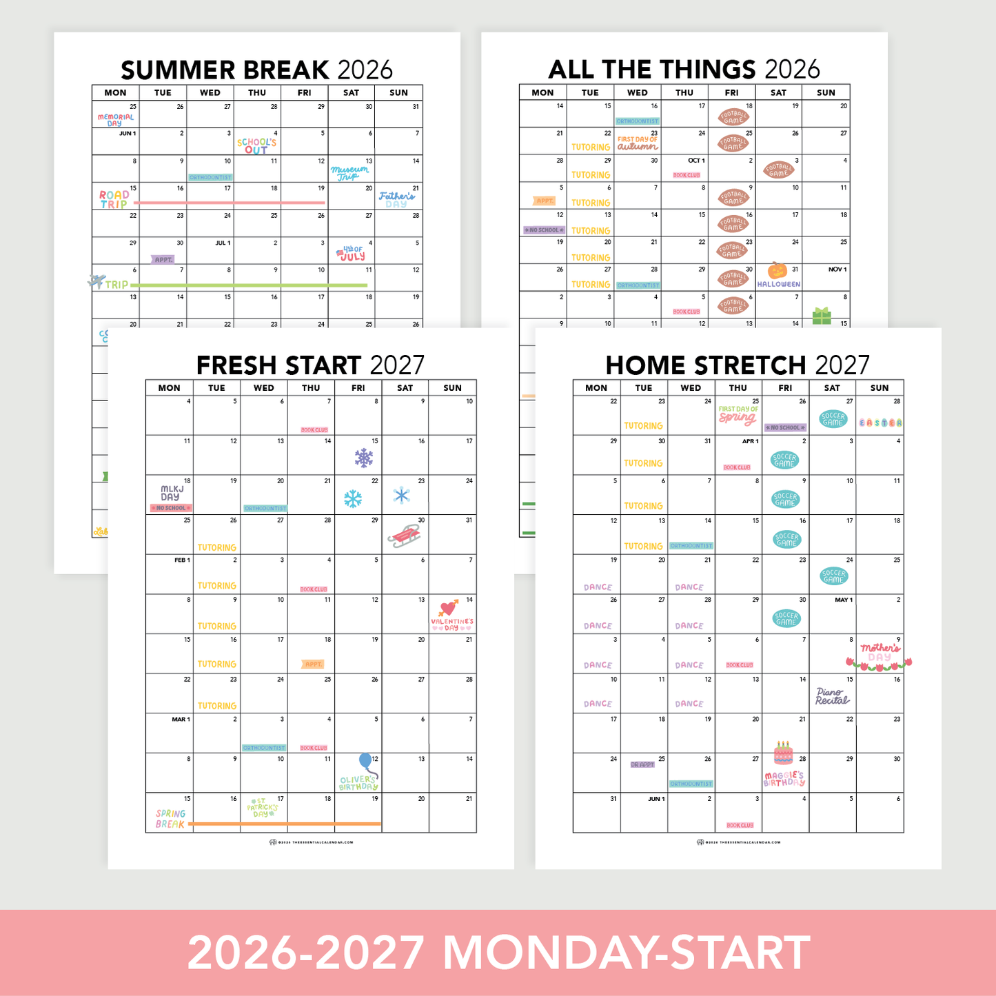 2026-2027 Monday-start Essential Family Calendar