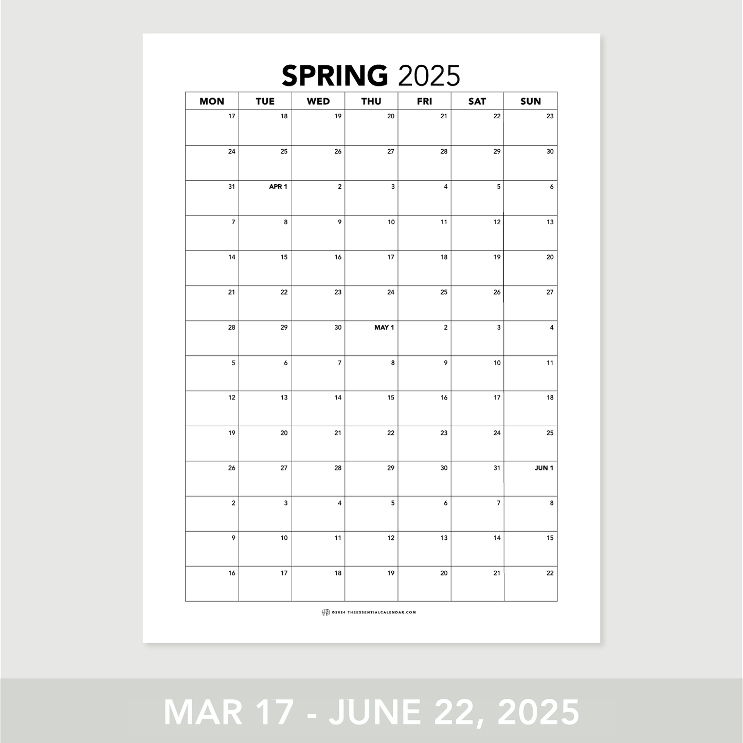 2025 Monday-start Spring Calendar